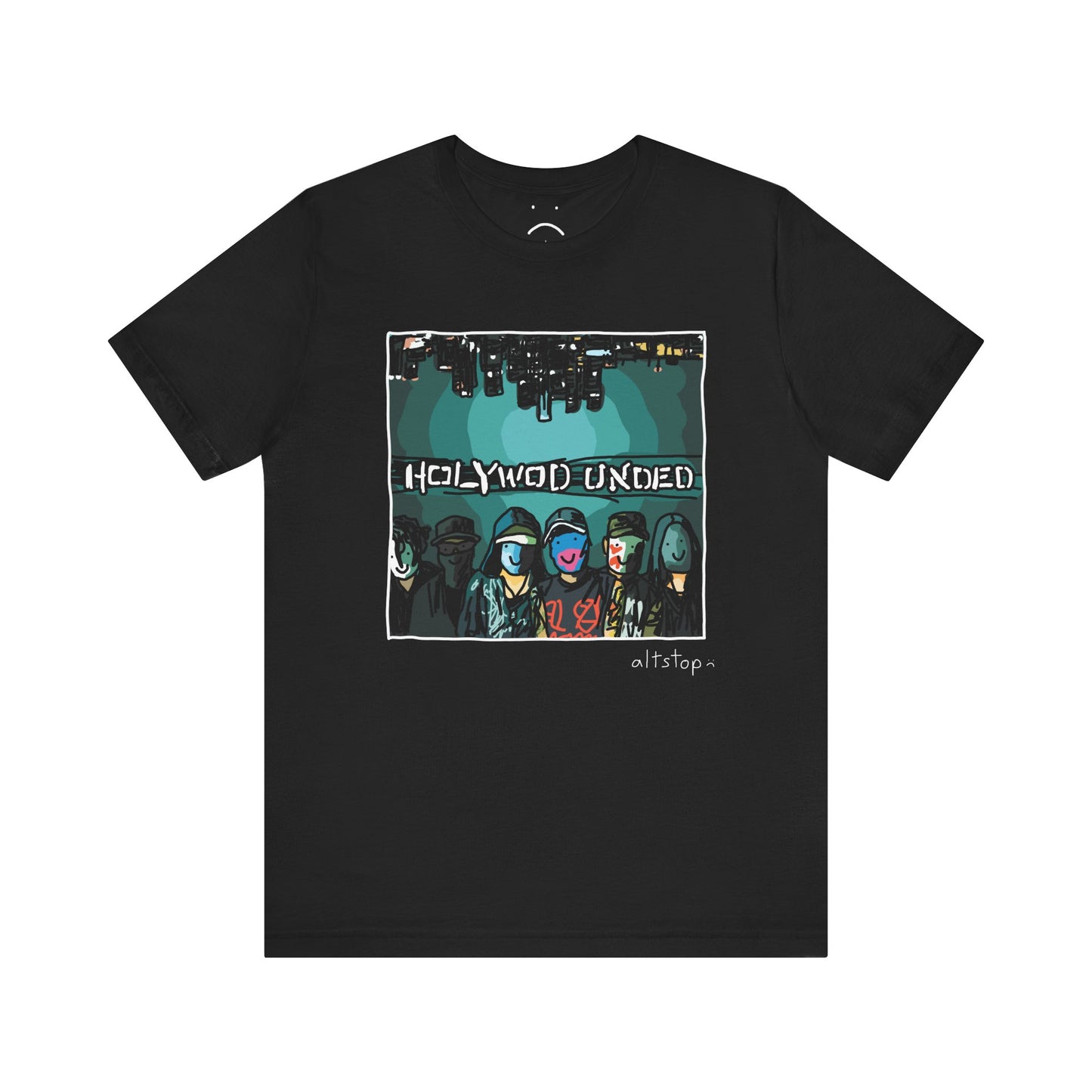 masked fellas under a city skyline deluxe tee