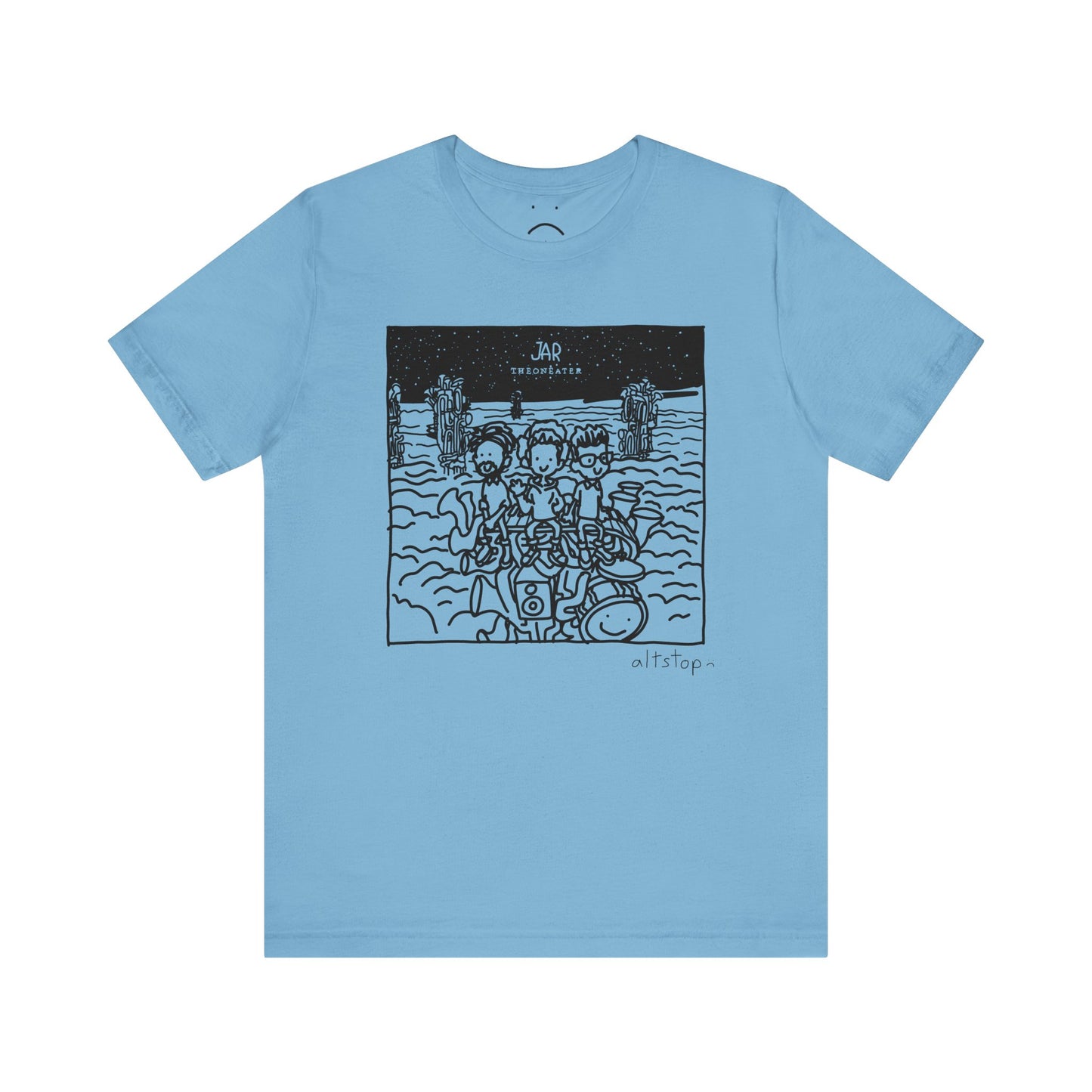 three dudes on a tower of instruments in the clouds tee