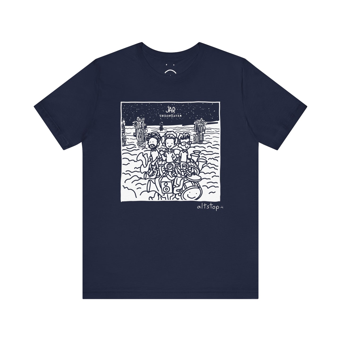 three dudes on a tower of instruments in the clouds tee