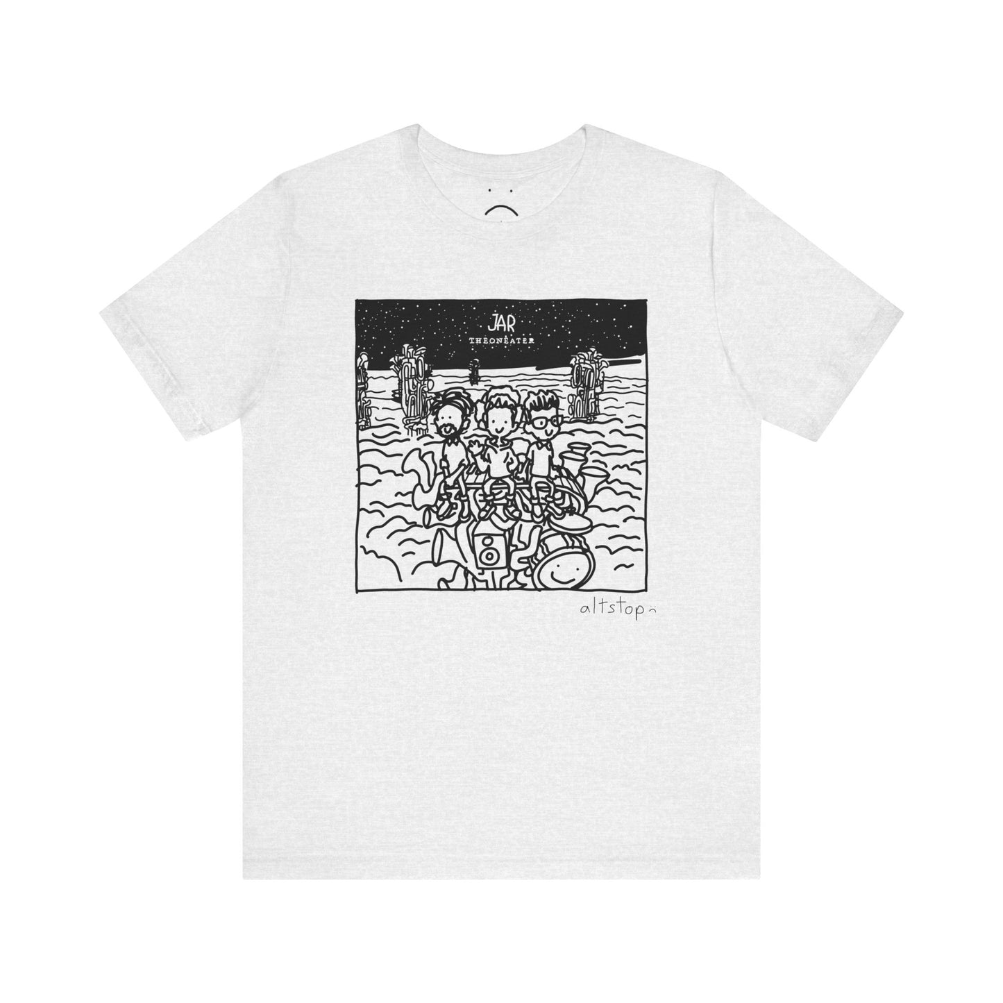 three dudes on a tower of instruments in the clouds tee