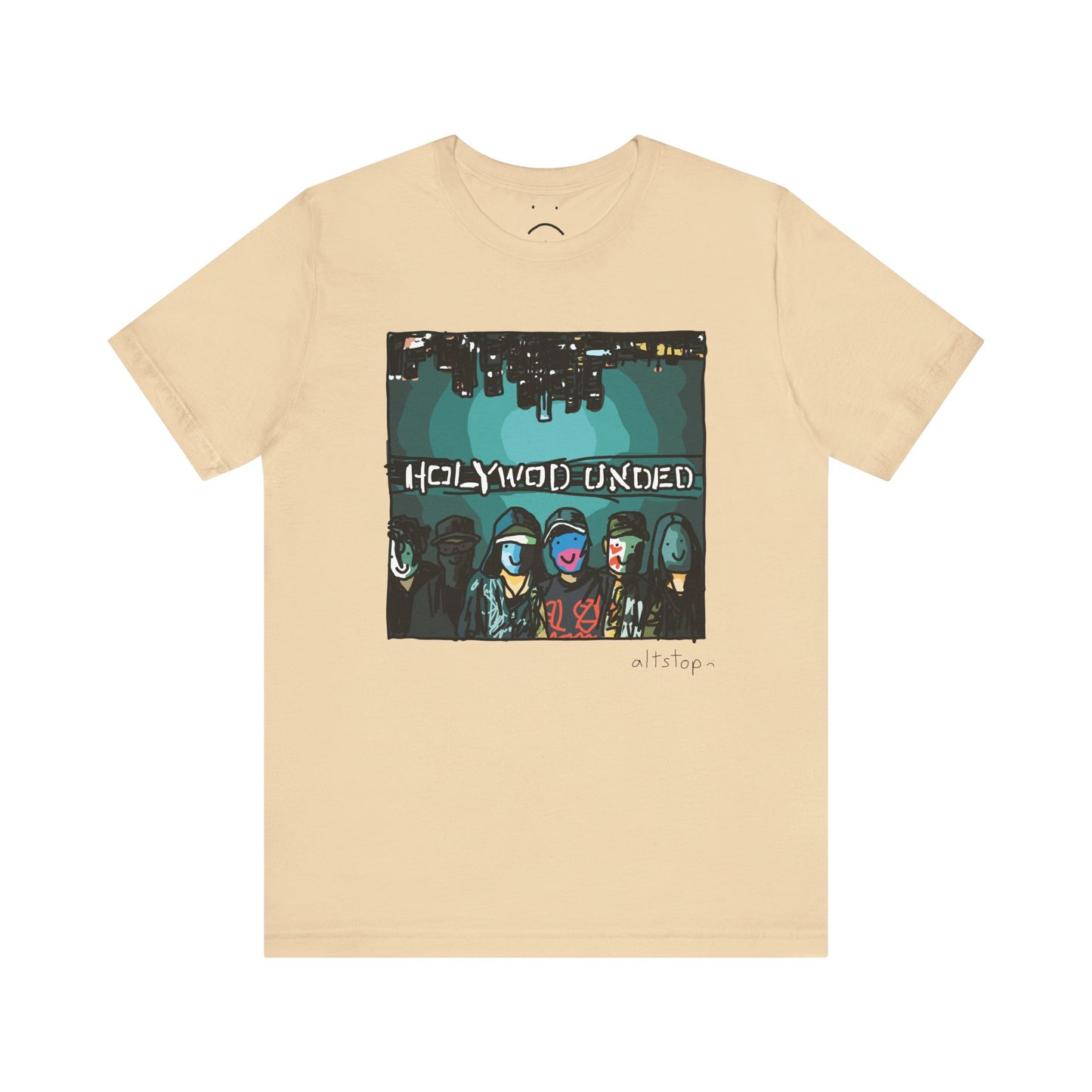 masked fellas under a city skyline deluxe tee