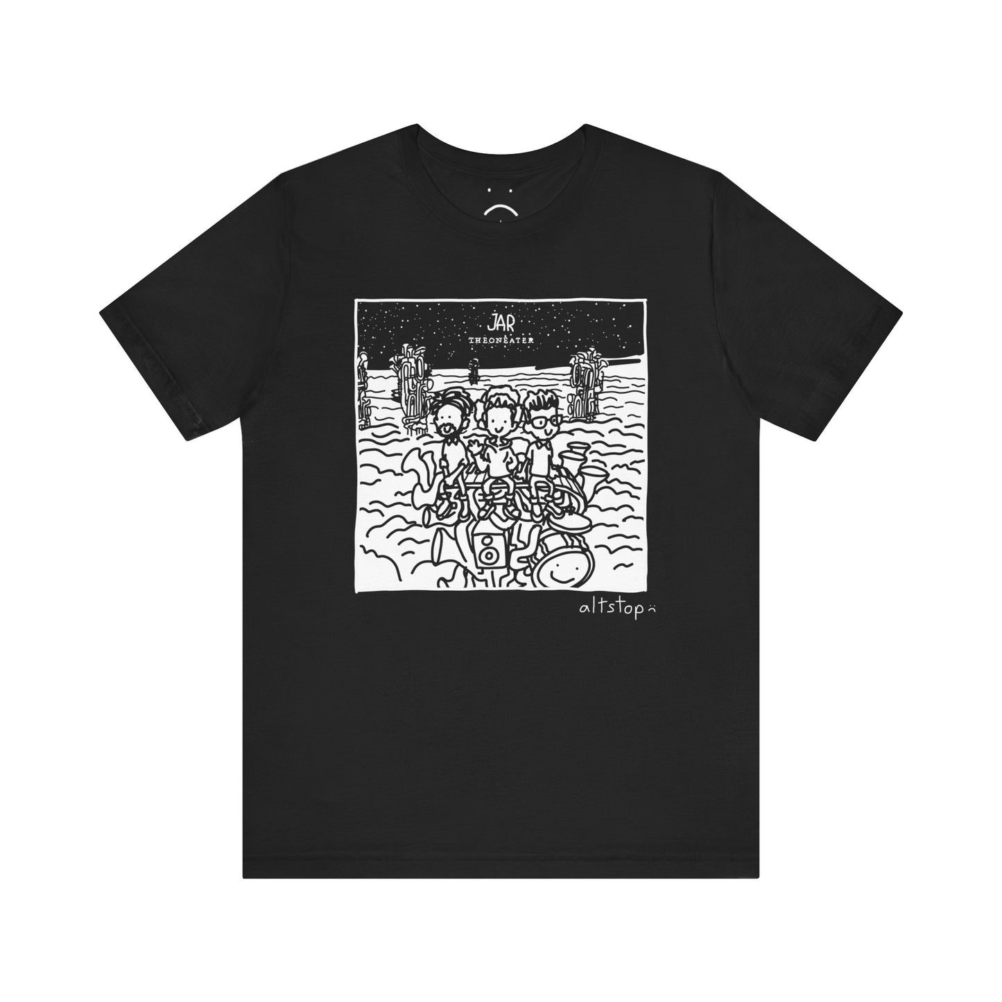 three dudes on a tower of instruments in the clouds tee