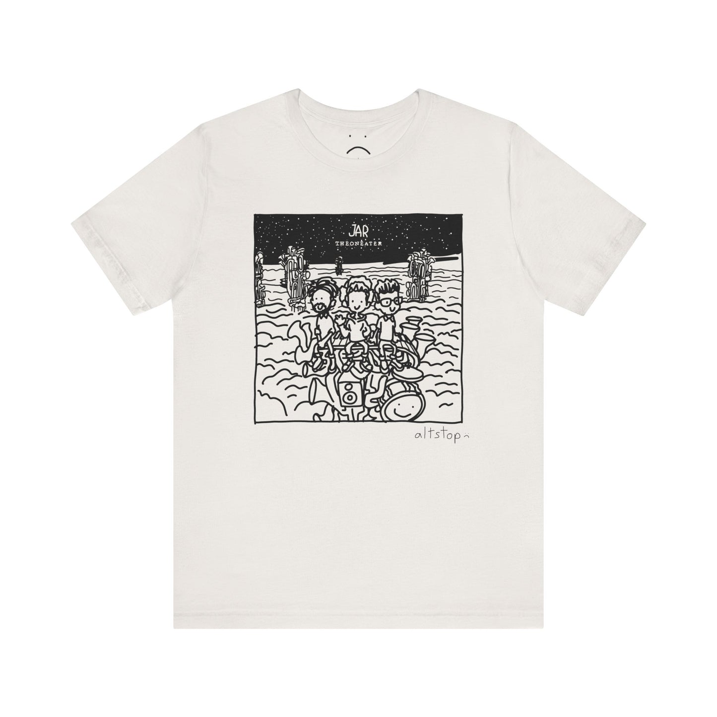 three dudes on a tower of instruments in the clouds tee