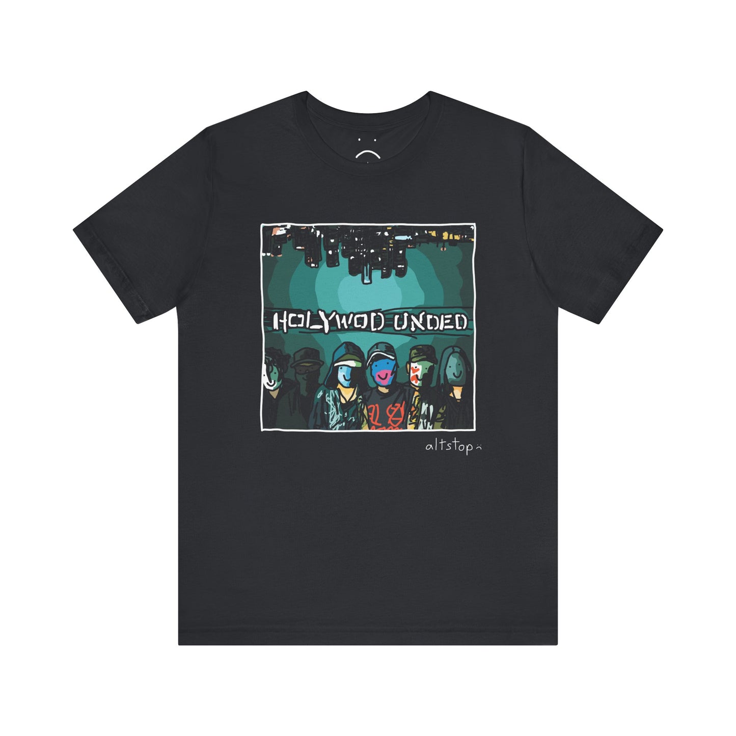 masked fellas under a city skyline deluxe tee
