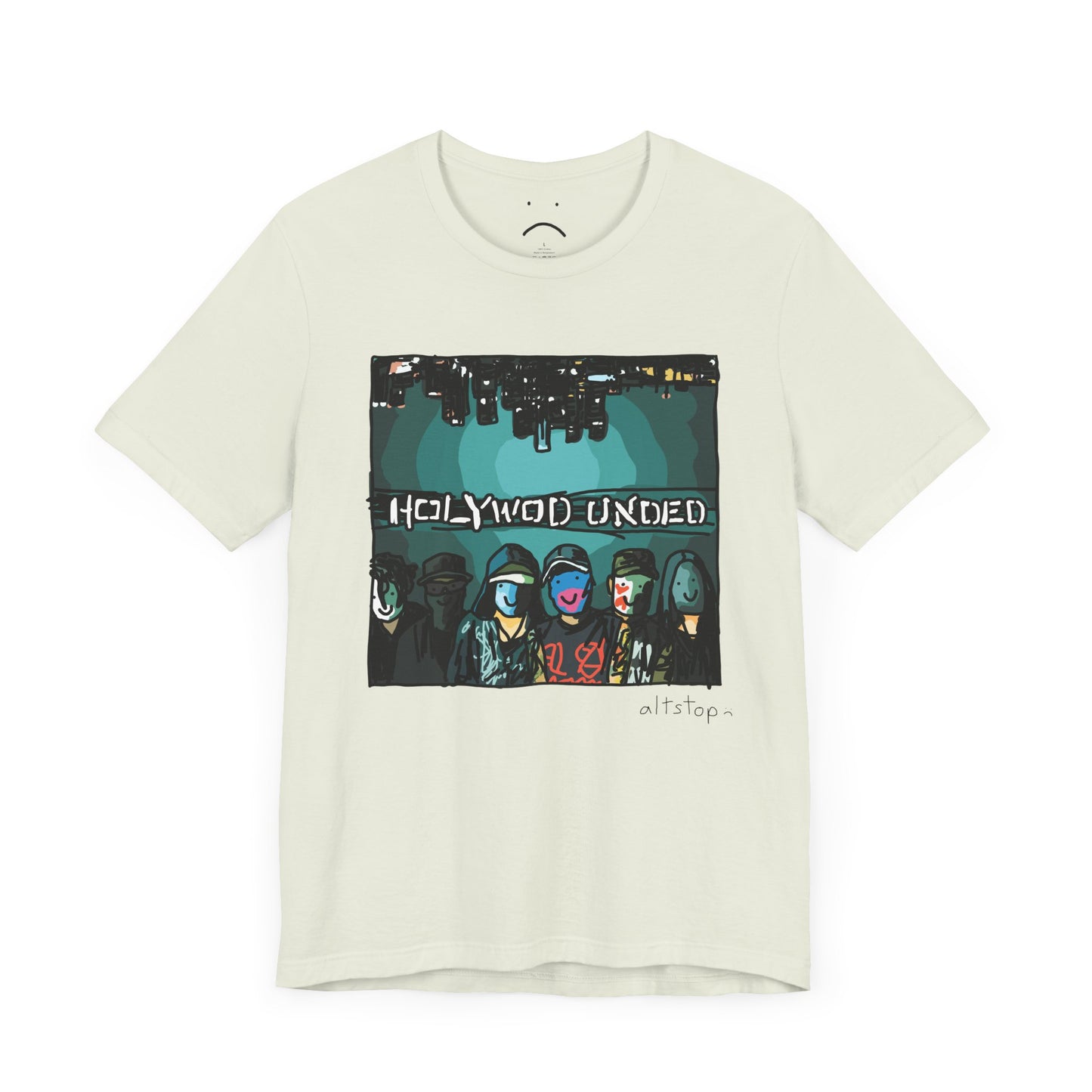 masked fellas under a city skyline deluxe tee