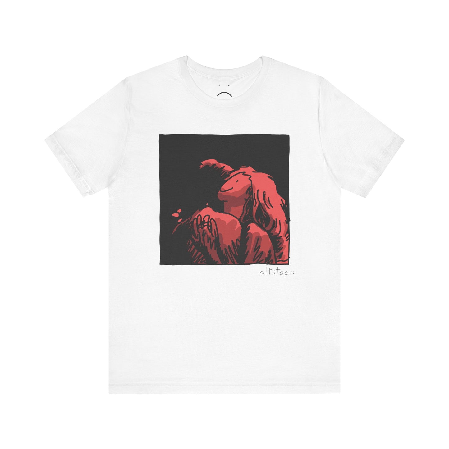 red girl hugging french guy deluxe tee