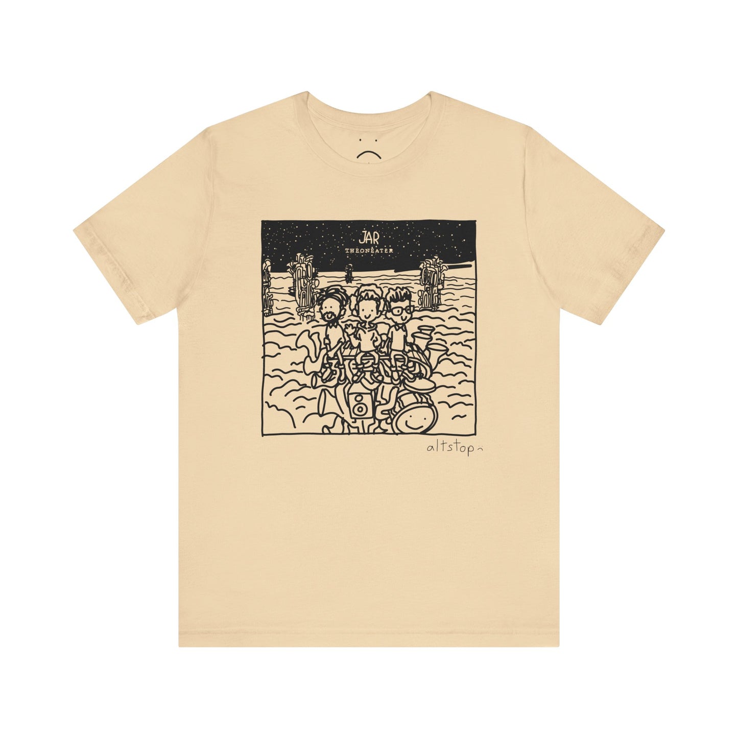 three dudes on a tower of instruments in the clouds tee