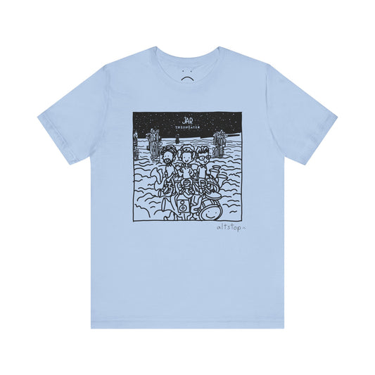 three dudes on a tower of instruments in the clouds tee