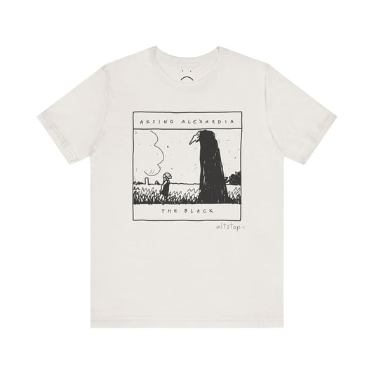 girl in a mask with a tall spooky fella tee